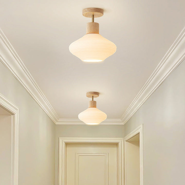 Moderne Japandi Plafondlamp – Walnoot & Hout met Glazen Kap