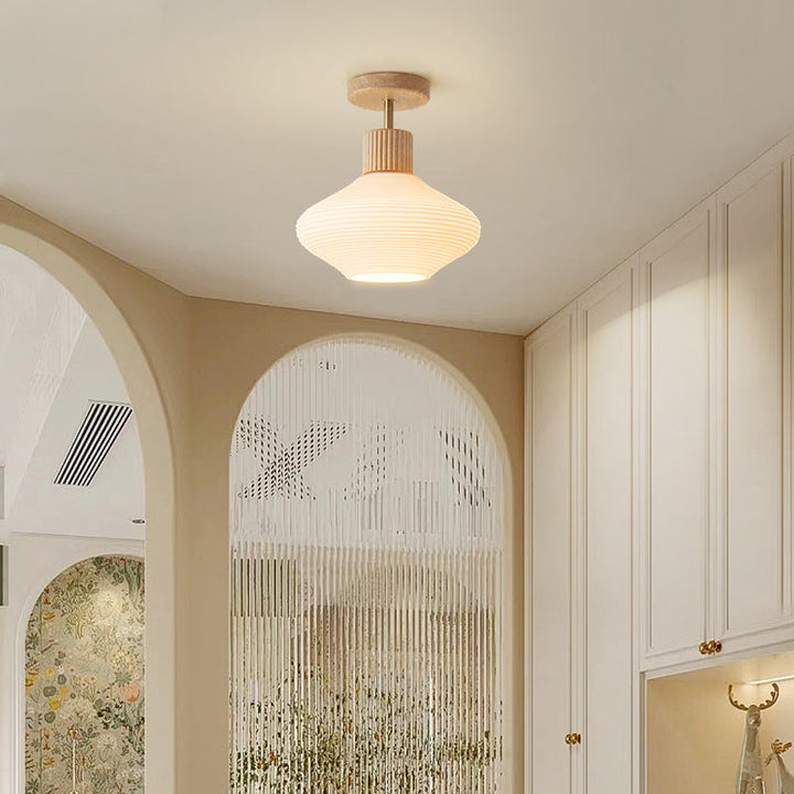 Moderne Japandi Plafondlamp – Walnoot & Hout met Glazen Kap
