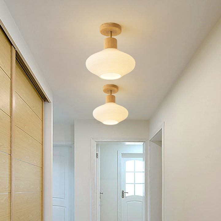 Moderne Japandi Plafondlamp – Walnoot & Hout met Glazen Kap