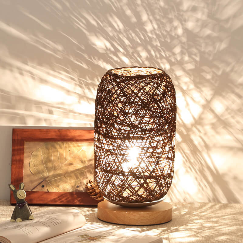 Industriële Rotan & Houten Tafellamp met Japandi Design