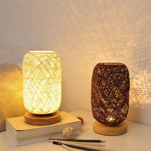 Industriële Rotan & Houten Tafellamp met Japandi Design