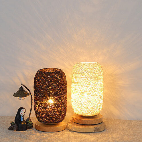 Industriële Rotan & Houten Tafellamp met Japandi Design
