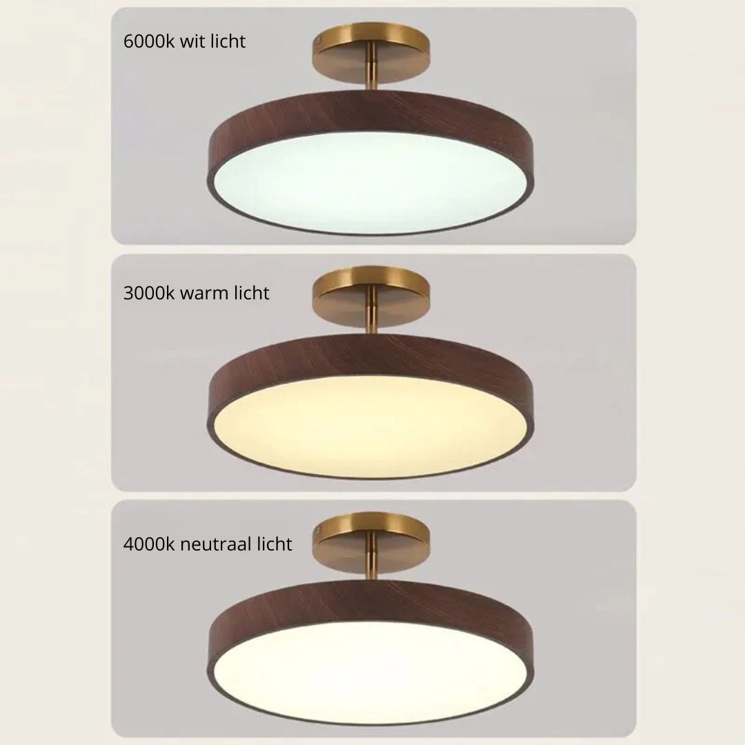 Scandinavische Plafondlamp met Houtlook & Goudkleurig Montuur