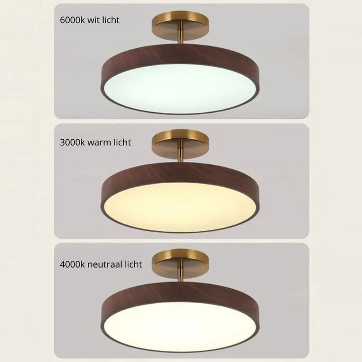 Scandinavische Plafondlamp met Houtlook & Goudkleurig Montuur