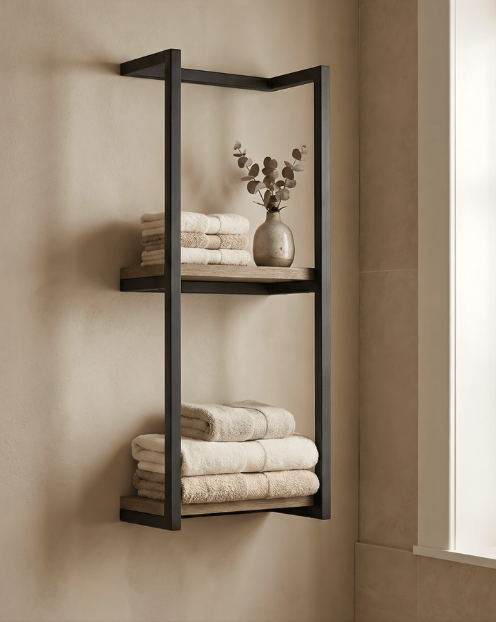 Havn Handdoekrek 2-Laags Van Naturel Hout Met Zwart Stalen Frame, 77 cm