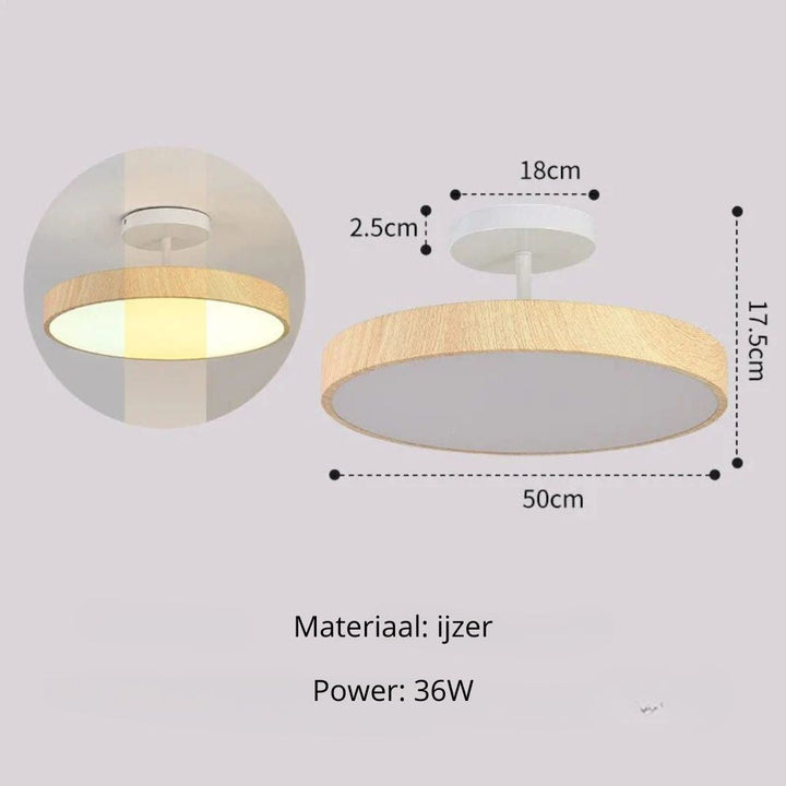Scandinavische Plafondlamp met Houtlook & Goudkleurig Montuur