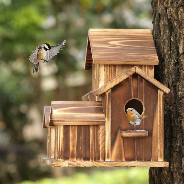 Houten Vogelhuisje Met Authentiek Ontwerp En Meerdere Ingangspunten