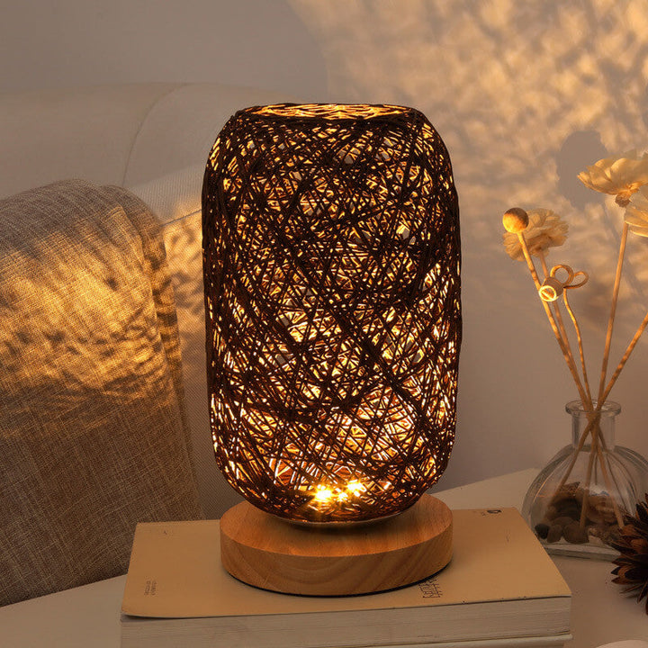 Industriële Rotan & Houten Tafellamp met Japandi Design