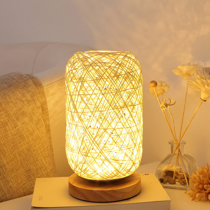 Industriële Rotan & Houten Tafellamp met Japandi Design