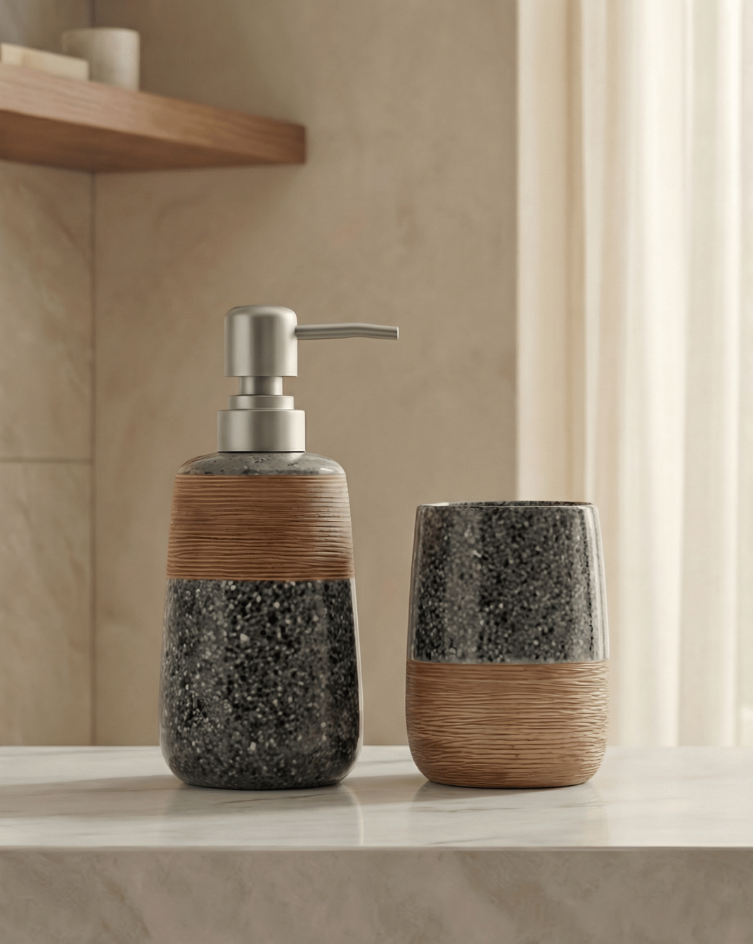 Flint Badkamerset 2-Delig Gespikkeld Keramiek Met Bamboe Design, 18 cm