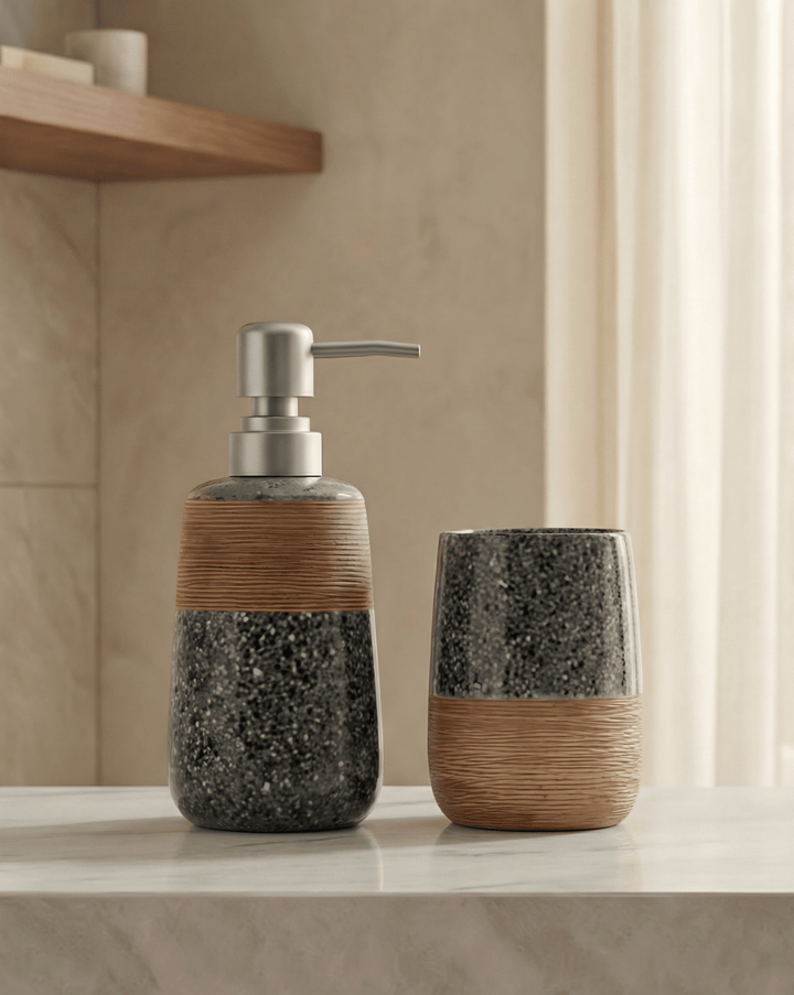 Flint Badkamerset 2-Delig Gespikkeld Keramiek Met Bamboe Design, 18 cm