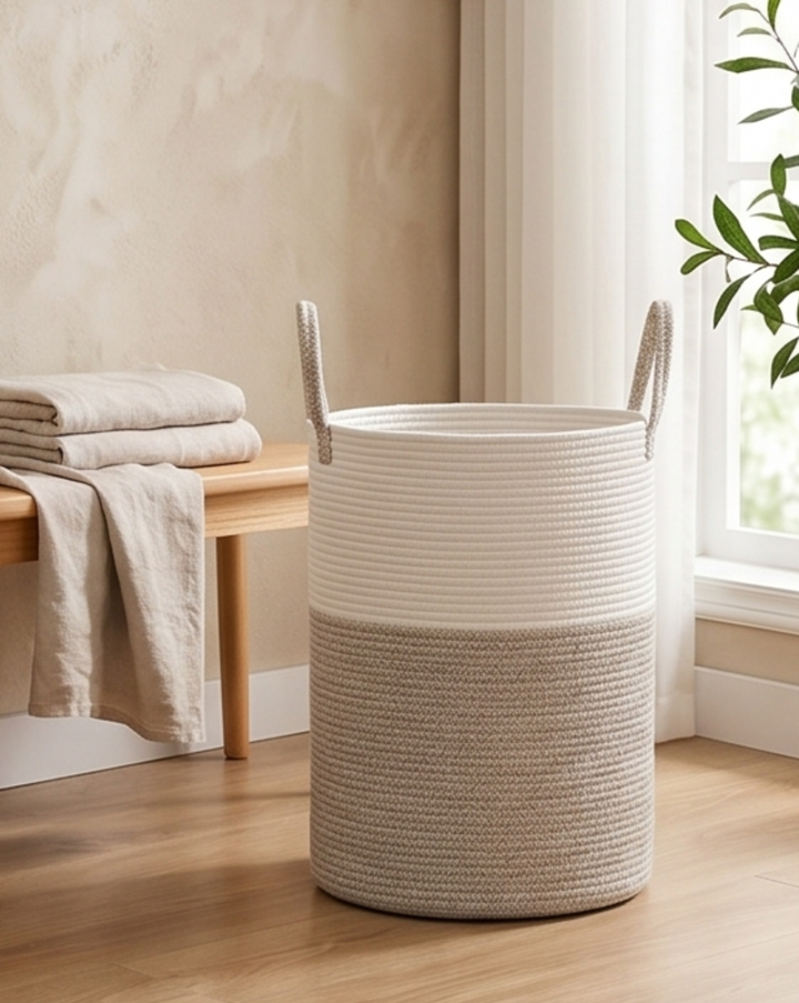 Wasmand Katoen Touw – Boho Design | Gevlochten Wasmand Naturel, 58L