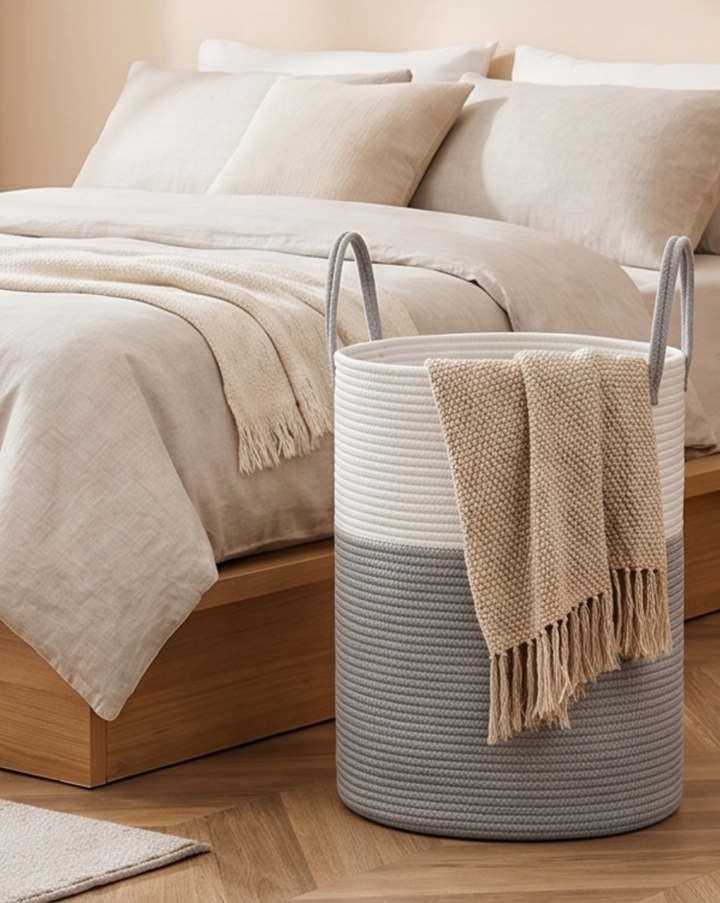 Wasmand Katoen Touw – Boho Design | Gevlochten Wasmand Naturel, 58L