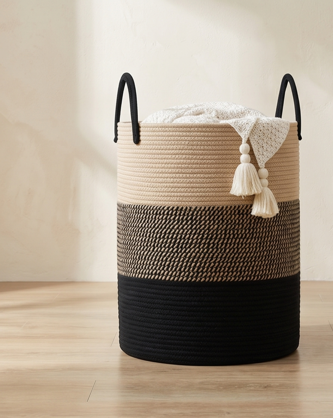 Wasmand Katoen Touw – Boho Design | Gevlochten Wasmand Naturel, 58L
