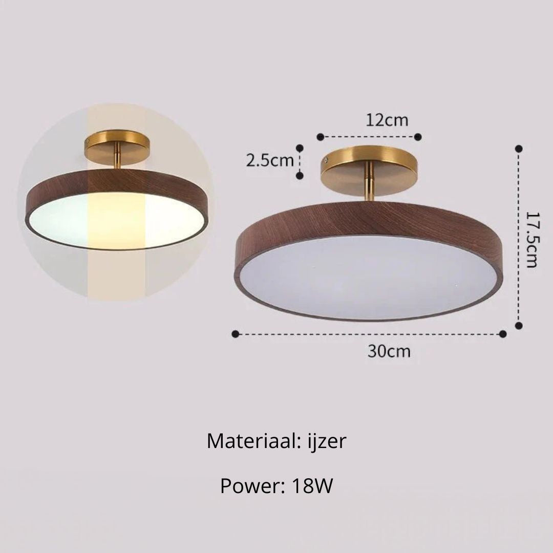 Scandinavische Plafondlamp met Houtlook & Goudkleurig Montuur