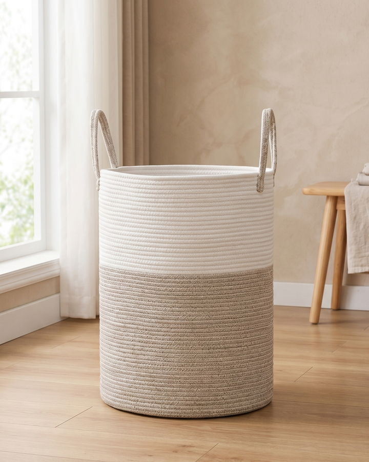 Wasmand Katoen Touw – Boho Design | Gevlochten Wasmand Naturel, 58L