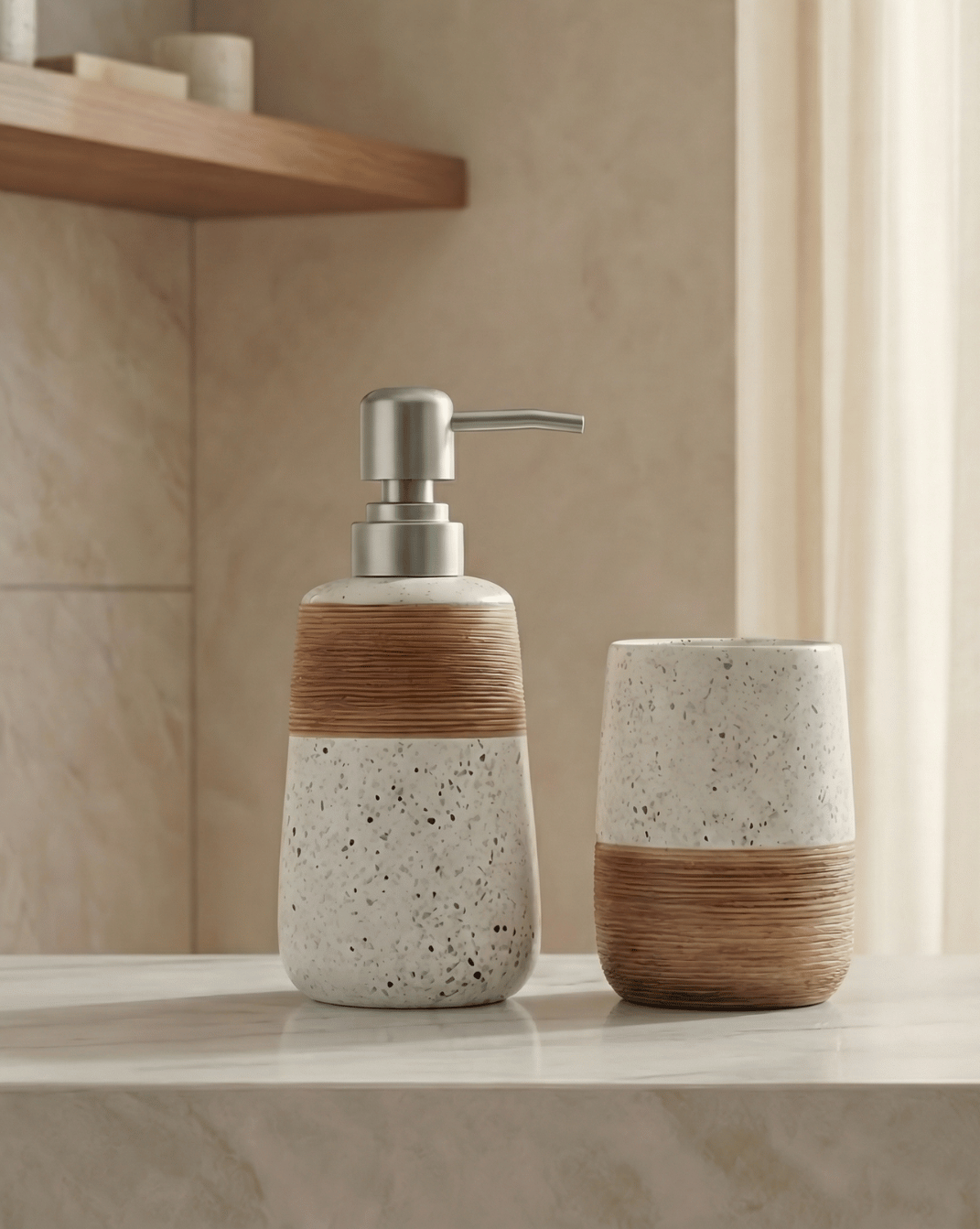 Flint Badkamerset 2-Delig Gespikkeld Keramiek Met Bamboe Design, 18 cm