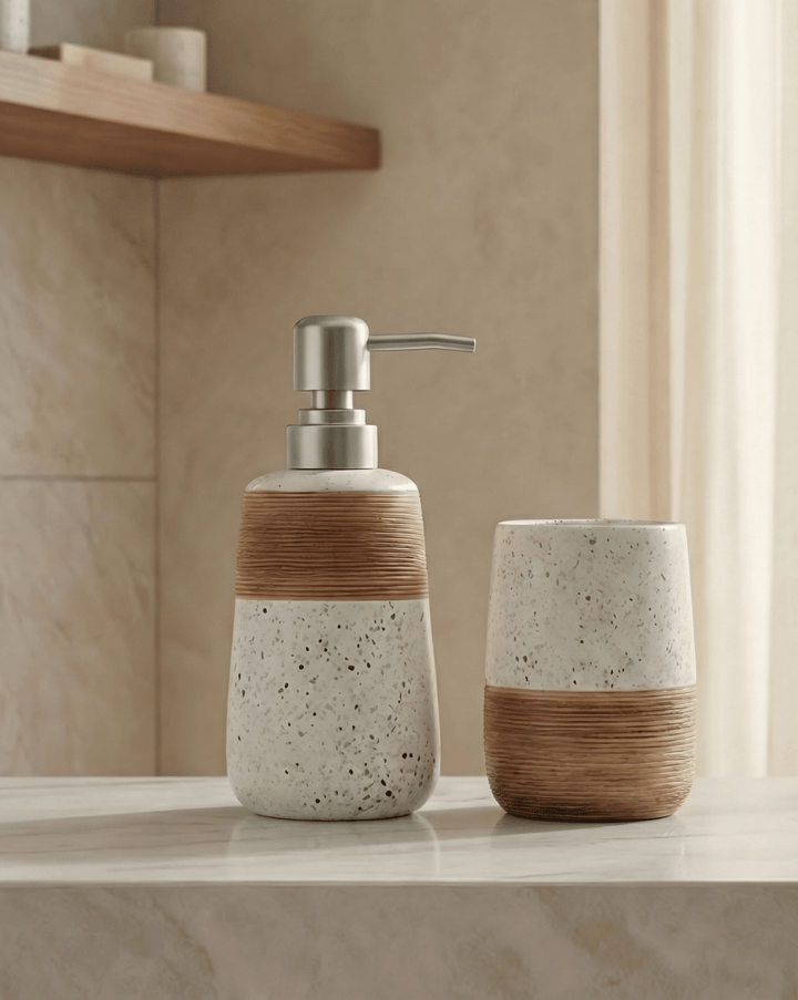 Flint Badkamerset 2-Delig Gespikkeld Keramiek Met Bamboe Design, 18 cm