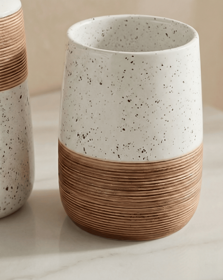 Flint Badkamerset 2-Delig Gespikkeld Keramiek Met Bamboe Design, 18 cm