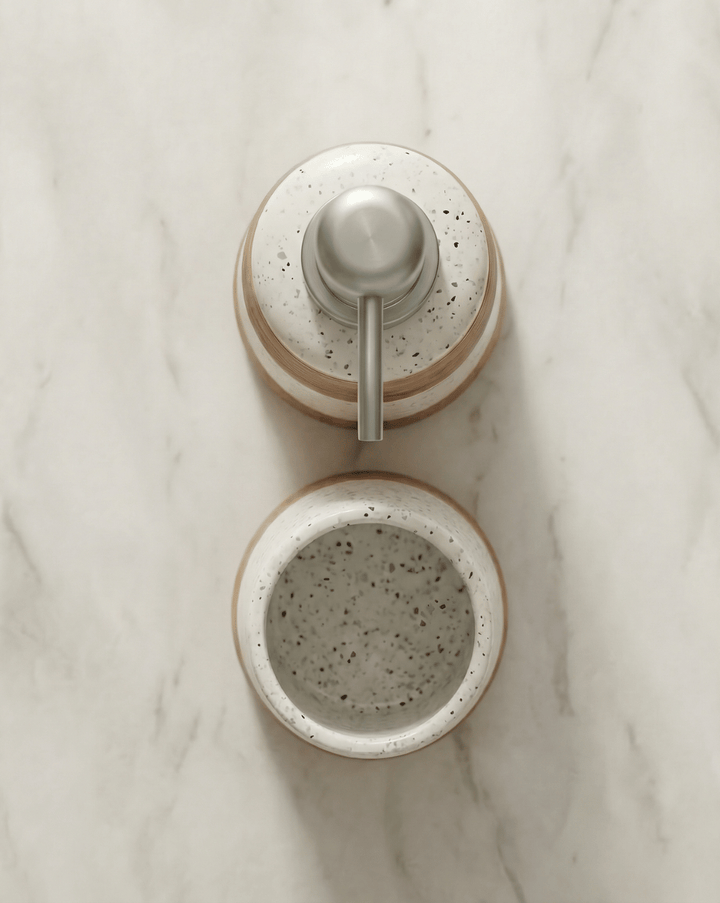 Flint Badkamerset 2-Delig Gespikkeld Keramiek Met Bamboe Design, 18 cm