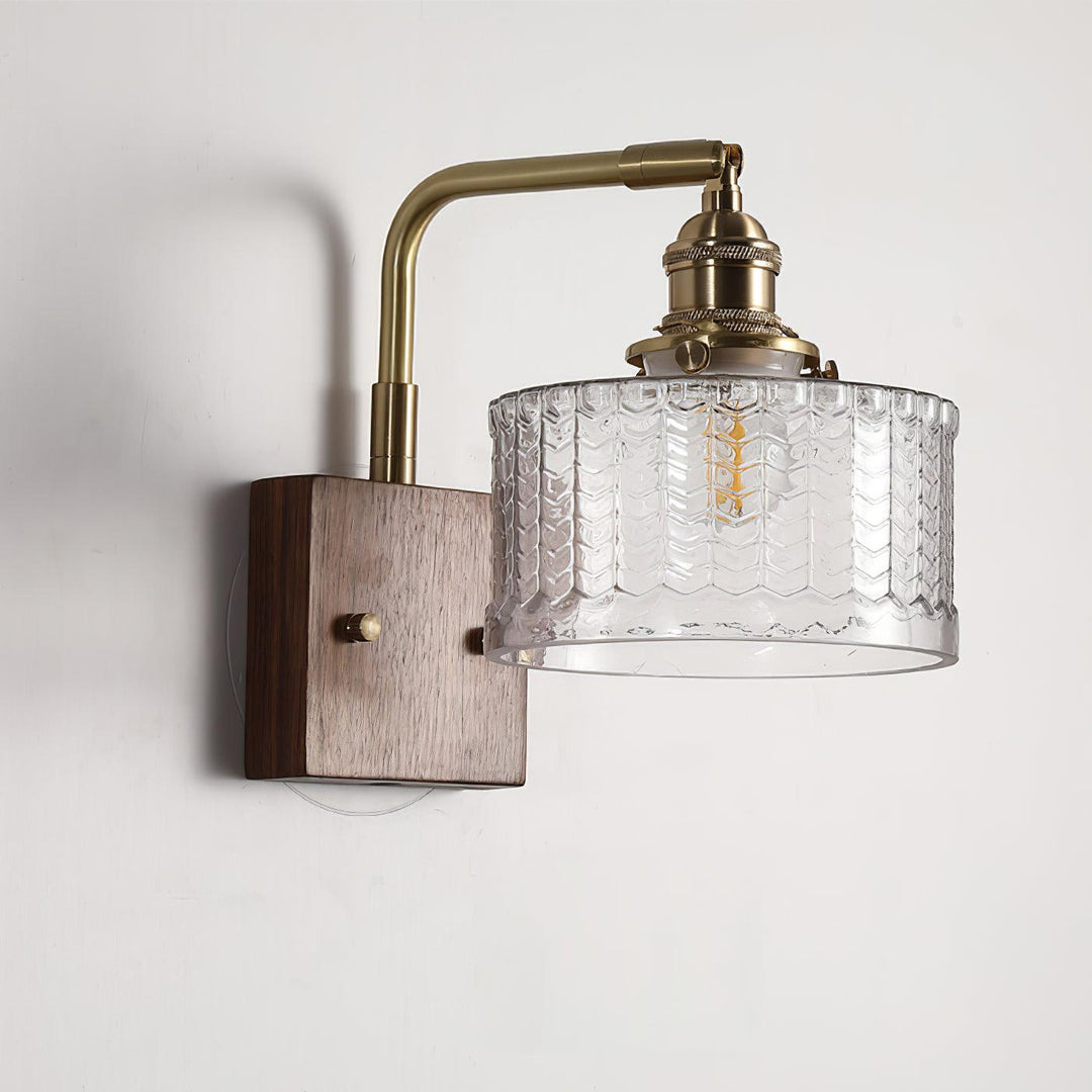 Elegante Groene Wandlamp met Houten Basis & Glazen Kap