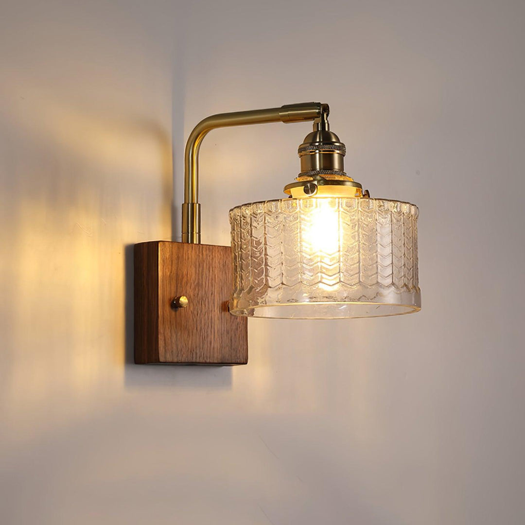Elegante Groene Wandlamp met Houten Basis & Glazen Kap