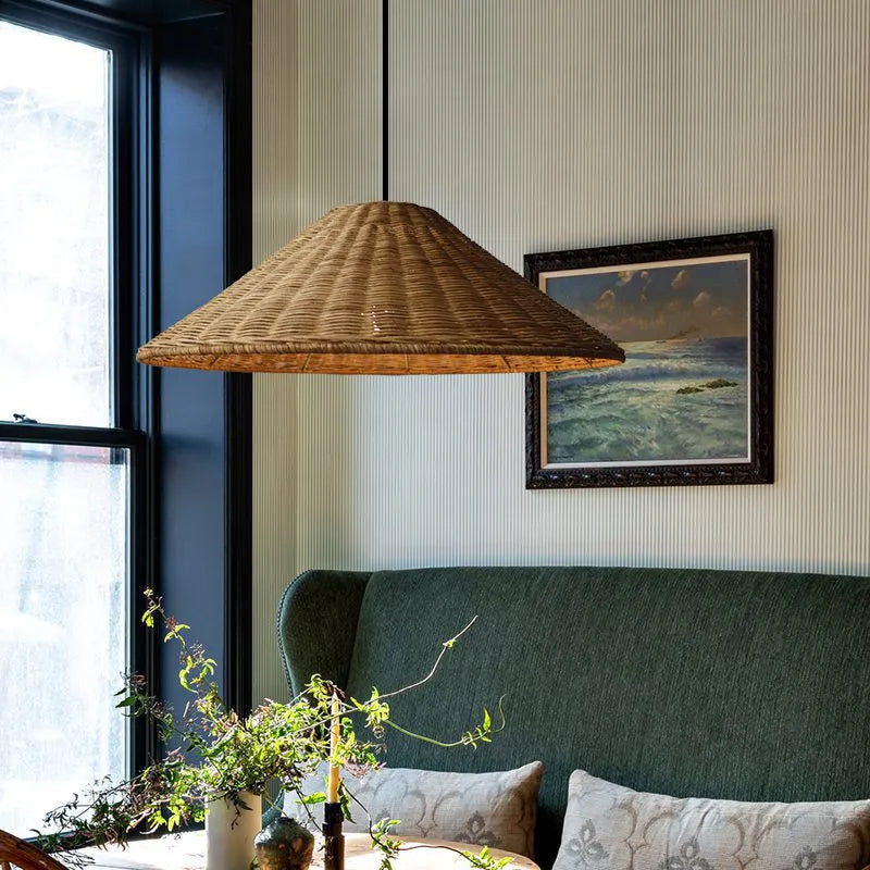 Retro Handgeweven Kegelvormige Rattan Hanglamp